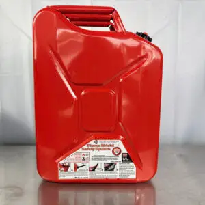 a red fuel container sitting on a table