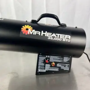 a black garage heater with the brand name of mr heater placed on a table