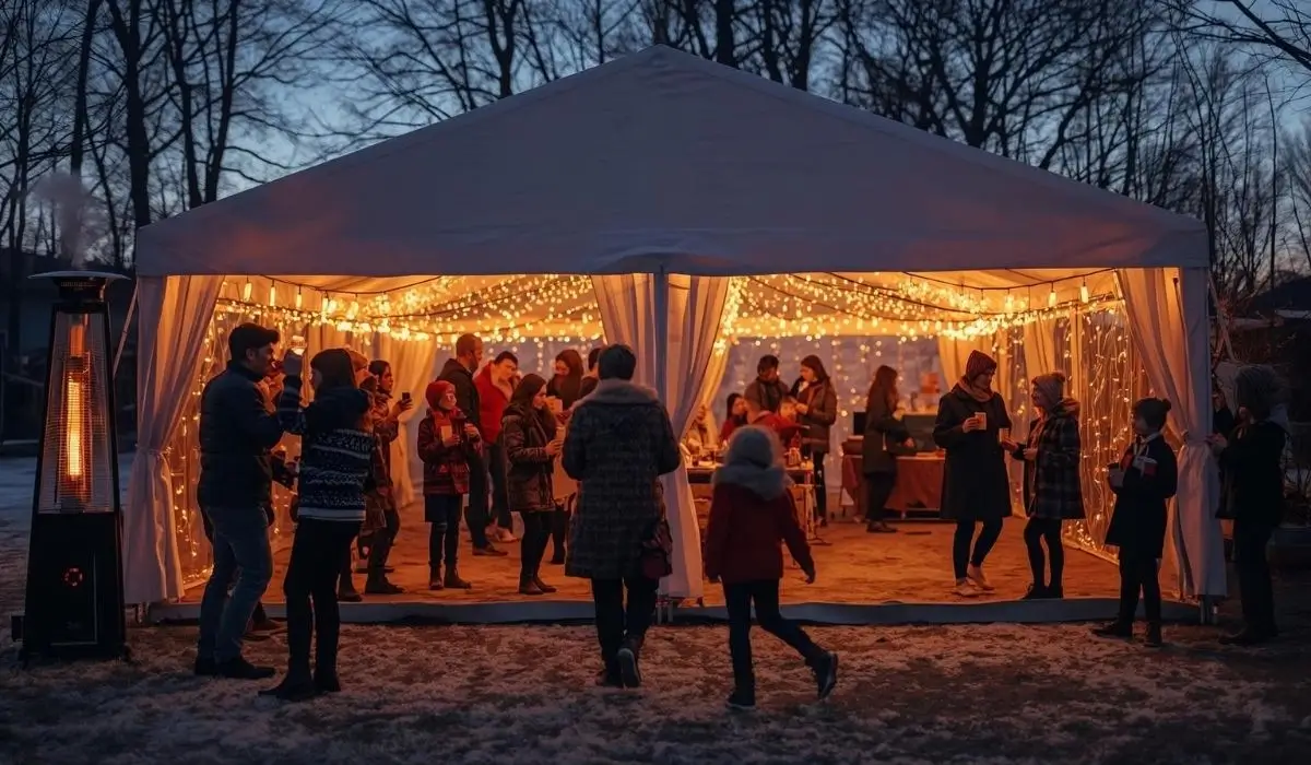 “Outdoor winter tent party with families and kids celebrating in heated tent with string lights in Chicago”