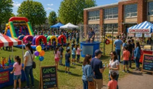 School carnival with obstacle course, dunk tank, concessions, and students enjoying fundraiser activities.