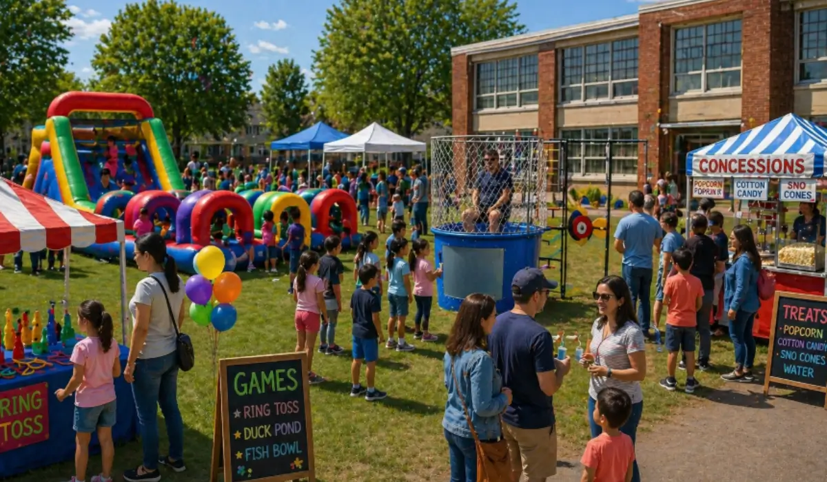 School carnival with obstacle course, dunk tank, concessions, and students enjoying fundraiser activities.