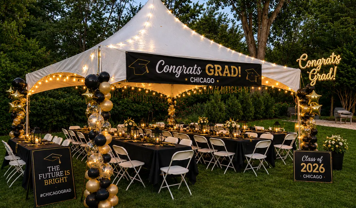Graduation Party Rental tent setup with lighting and seating for outdoor graduation celebration