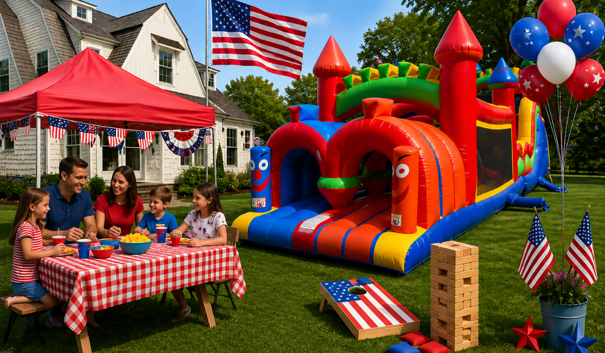 Bouncy House Rentals for Memorial Day celebration in Chicago with inflatable slide, party tent, family BBQ, and patriotic decorations