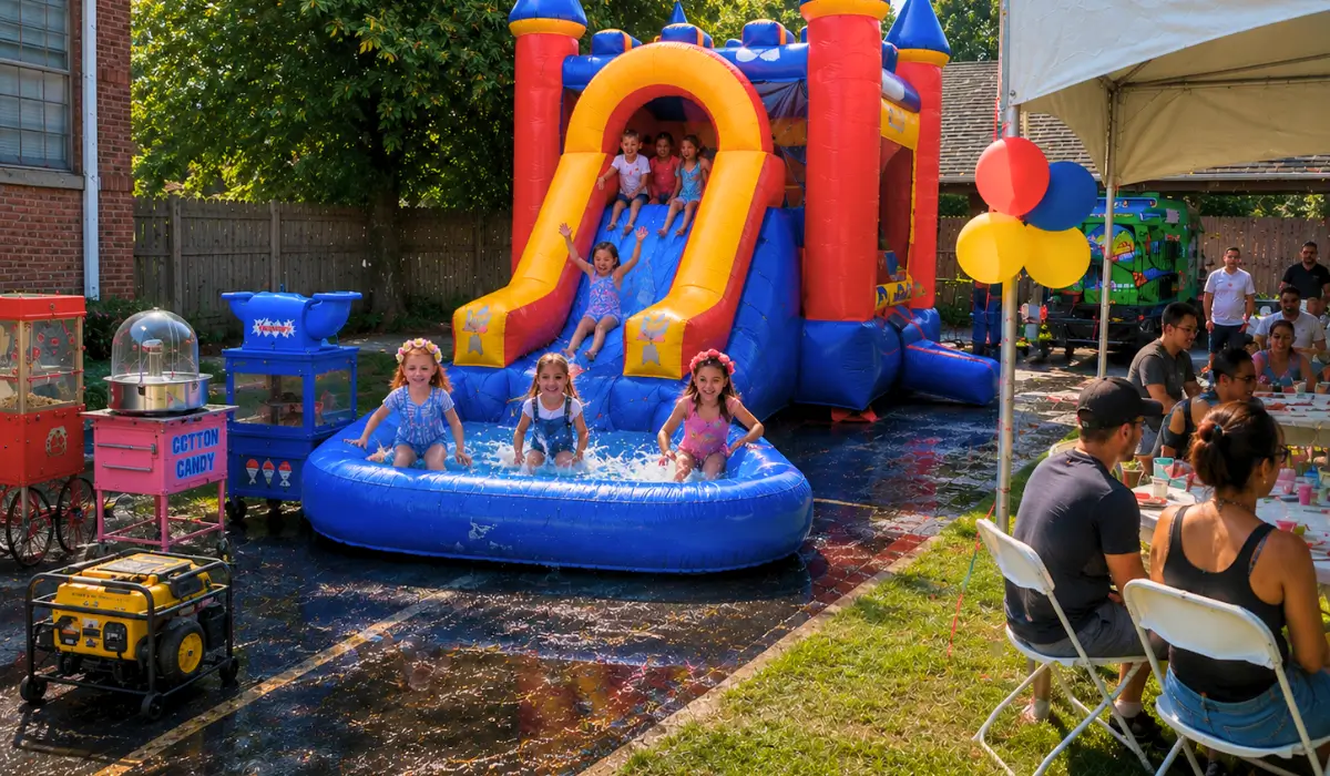 Water Fun Rentals featuring inflatable water slide, shaded tent seating, and families enjoying summer celebrations.