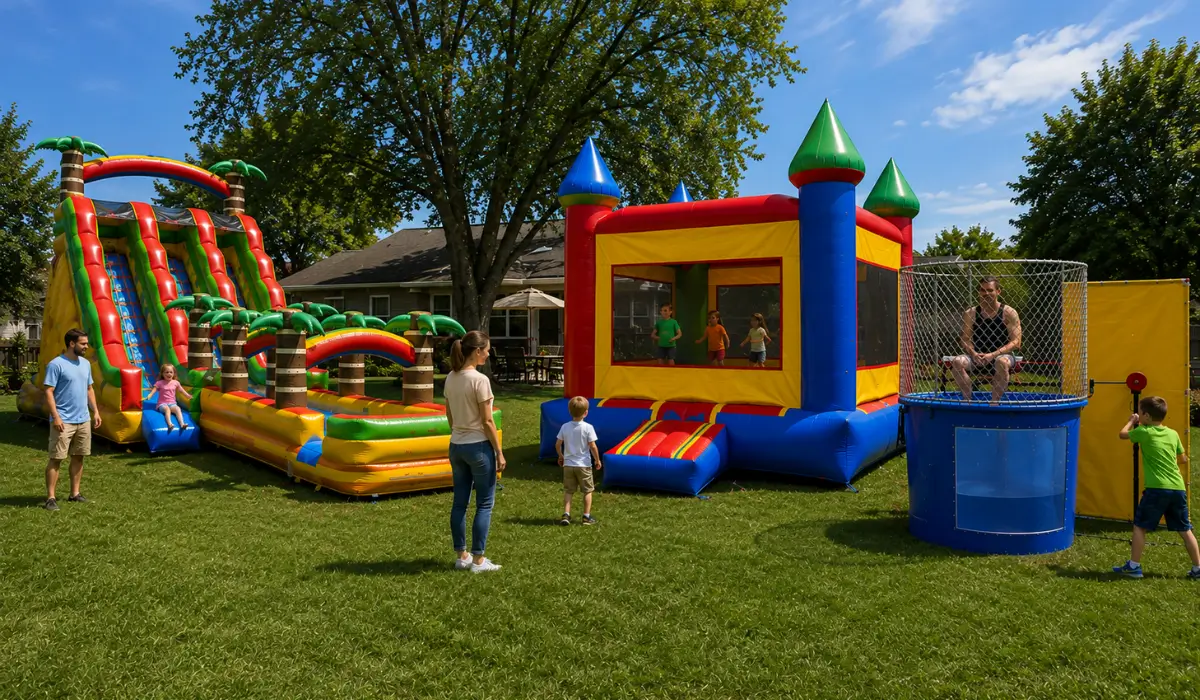 Party rental setup with an inflatable water slide, colorful bounce house, and dunk tank at an outdoor family event