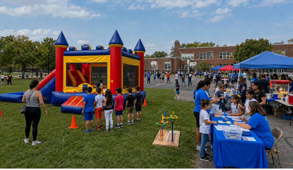 Children enjoy interactive party rentals, games, and concessions during a school fundraiser event in Melrose Park.